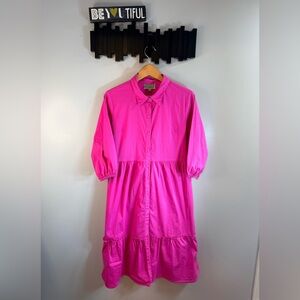 Bright Pink Button-Front Tiered Shirt Dress
